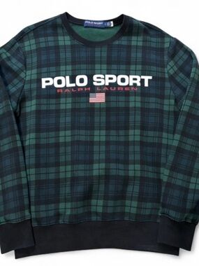 Polo Ralph Lauren Sport Flag Icon Logo Medium Sweatshirt Plaid Fleece Crewneck